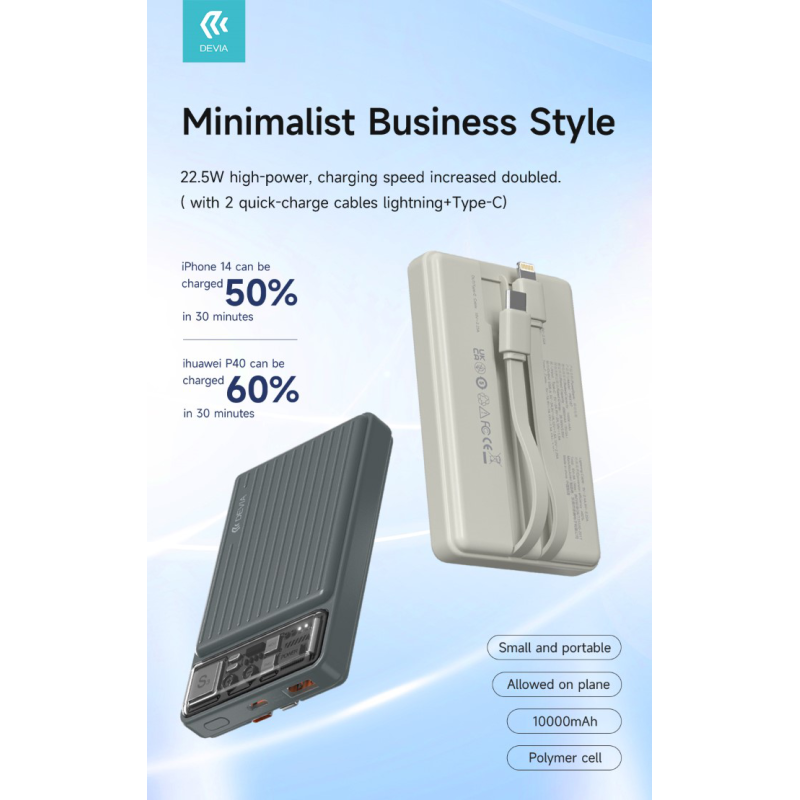 POWERBANK DEVIA 10000 MAH CAVO IPHONE+TYPE-C