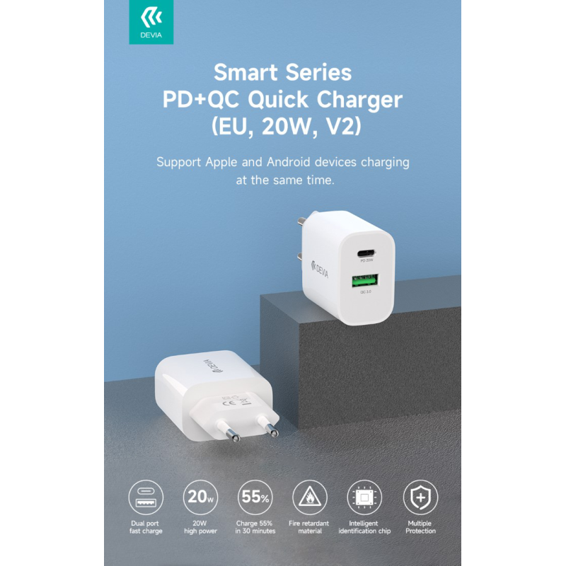 CARICATORE DA RETE 2USB A+C RAPIDO 20W DEVIA