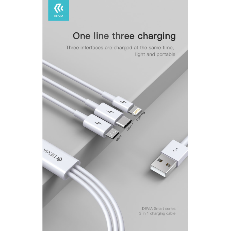 CAVO DA USB A MICRO+TYPE-C+IPHONE 1MT DEVIA